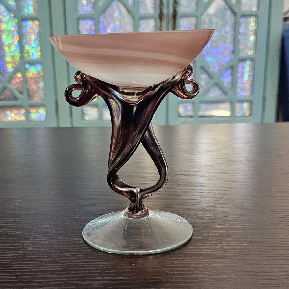 Jozefina Krosno Poland Purple Swirl Ruffled Art Glass Bowl